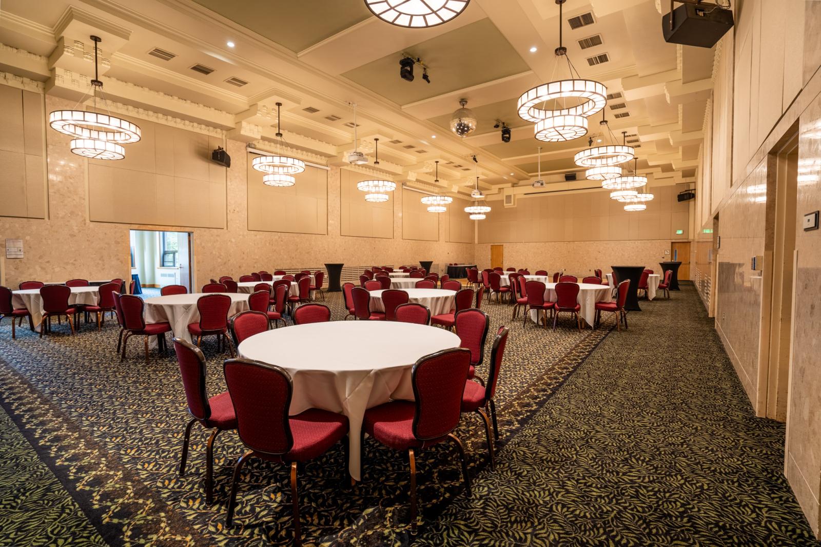 MSU Union Ballroom with tables, chairs, table cloth, dance floor