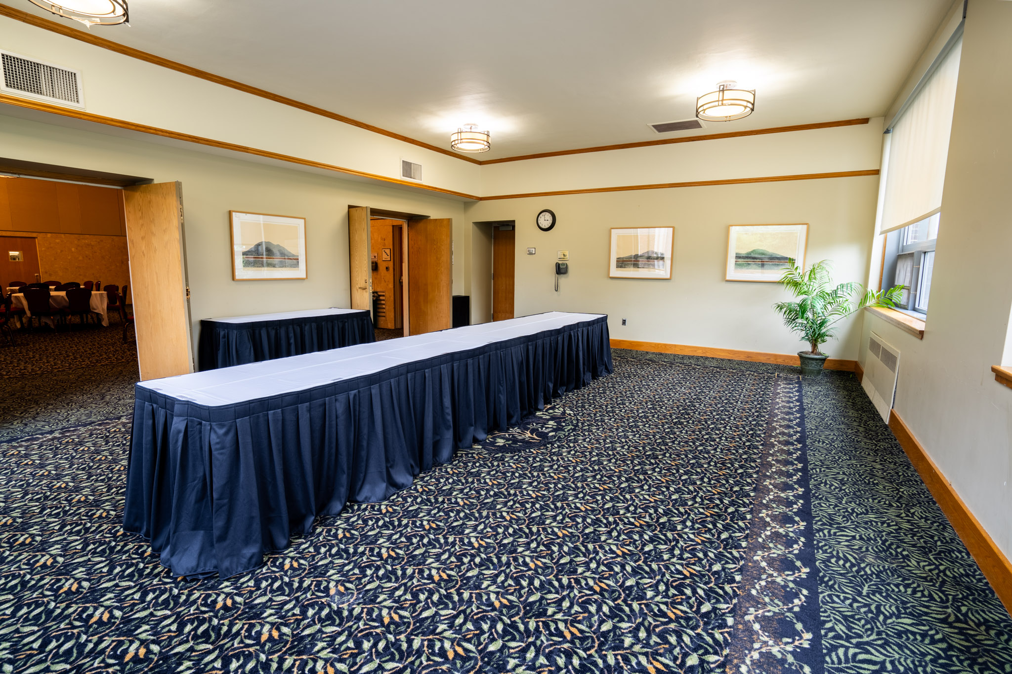 Sunporch room featuring sixteen-foot buffet table with tablecloth and skirting as well as a six-foot table with tablecloth and skirting also shown is a plant, entrance to the Ballroom and windows.