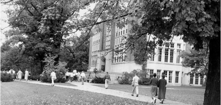 Students walking alongside the south entrance
